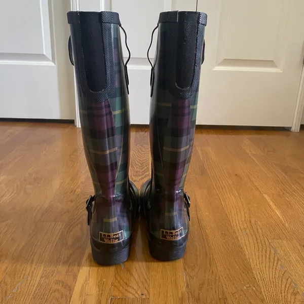 LL Bean Wellie Rain Boots Women 7 Purple Green Plaid Buckle Tall Preppy Heritage - Image 4
