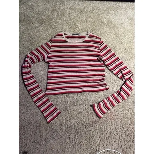 Brandy‎ Melville Striped Long Sleeve Top Red Black Cream Ribbed Crop Crew Neck - Image 2