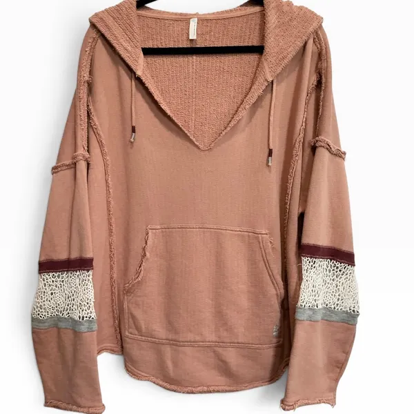Free People Movement Dream Catcher Hoodie Oversized Rose Pink Crochet Lace Large - Image 2