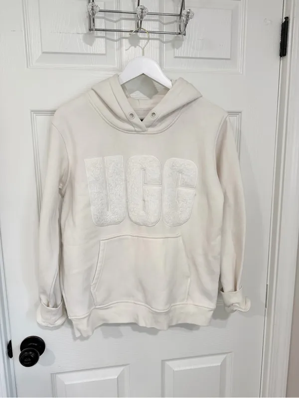 UGG Sherpa Logo Hoodie Cream Ivory Pullover Sweatshirt Cozy Fleece Casual Medium - Image 3