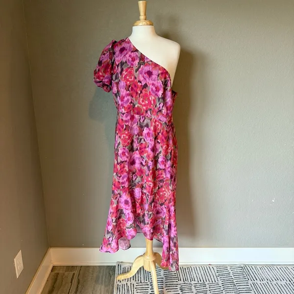 Showpo Floral One Shoulder Ruffle Midi Dress Pink NWT 14 - Image 2
