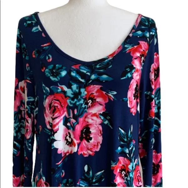 Dearcase Dress Blue Pink Floral Jersey Long Sleeve V-Neck Swing Dress Large NEW - Image 6