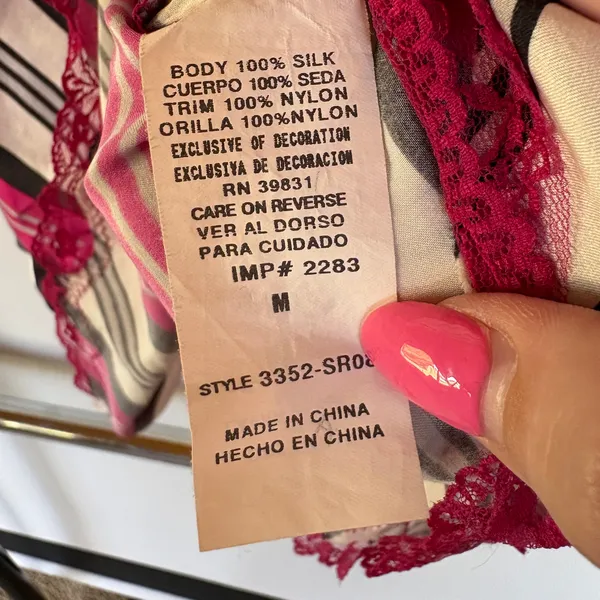 Y2K Hot Pink Silk Striped Lace Tank Top Cami 2000s Babydoll Indie Sleeze Medium - Image 7