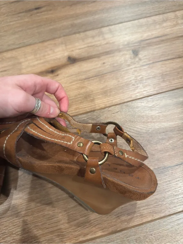TRUFLEX Cognac Brown Leather Strappy Boho Gladiator Wedge Sandals | Size 9 - Image 3