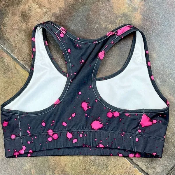 Nike Dri-FIT Black Neon Pink Splatter Racerback Sports Bra Swoosh - Image 6