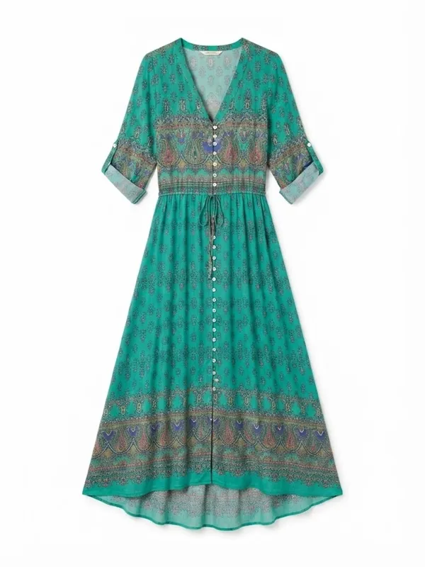 Button Down Short Sleeve County Dress Green Size XXL - Image 2