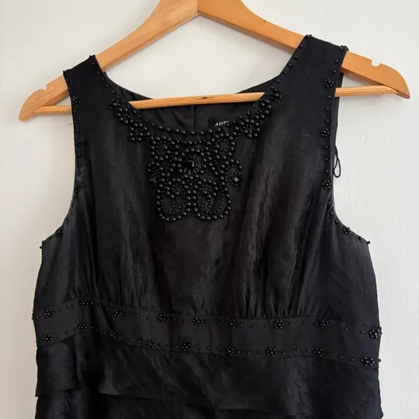 Vintage 90s y2k Adrianna Papell black tiered ruffle beaded vampy sheath dress - Image 2