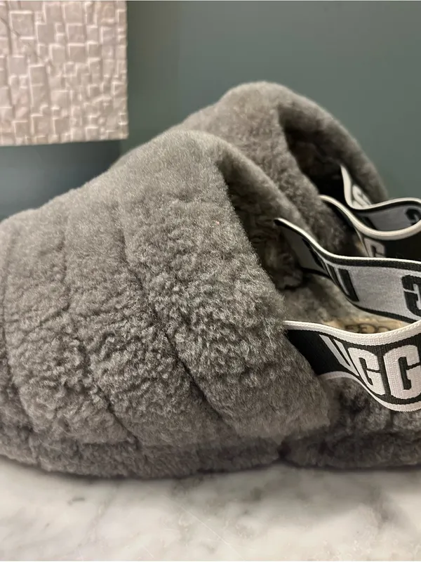 UGG Plush Quilted Gray Fluff Slide with Branded Strap - Image 5