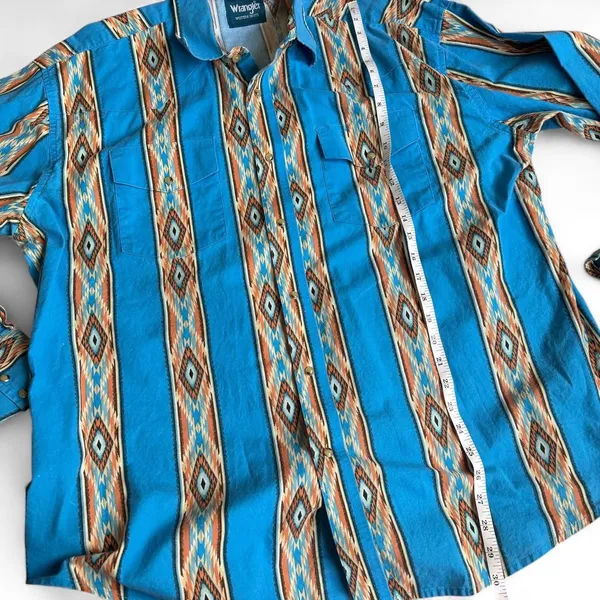 Wrangler Vintage Aztec Brushpopper Navajo Western Cowboy Shirt Turquoise Blue Pearl Snap Rodeo 90s Men XL - measurement in pics - Image 5