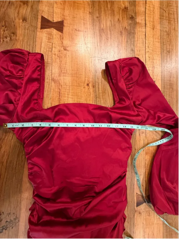 Oh Polly Mini Dress Red Satin Ruched Square Neck Puff Sleeve Cocktail Size 8 M - Image 9