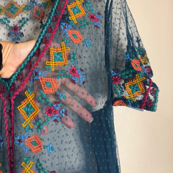 Sundance Maxi Dress Women's Embroidered Mesh Sheer Boho Teal Large - Image 3