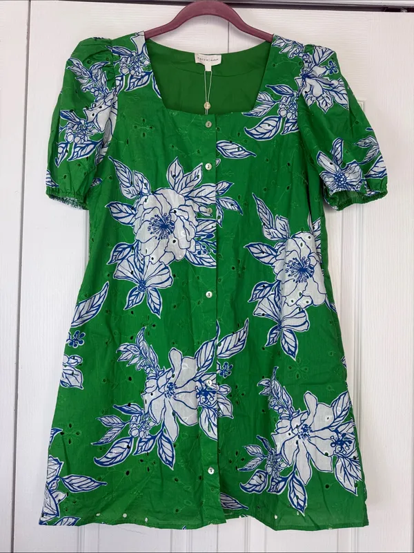 entro Green Floral Mini with White & Blue Print Boutique Dress - Image 2