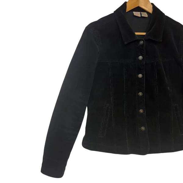 Black Corduroy Button Up Trucker Cotton Jacket Moto Edgy Comfy Streetwear Size M - Image 5