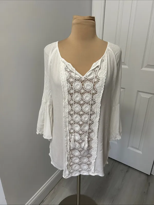 Solitaire Swim White Gauze Lace Cover Up Top - Image 2
