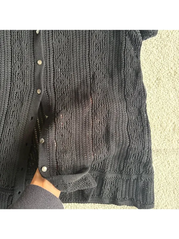 Banana Republic Y2K Black Pointelle Knit Polo Button Front Top - Image 5