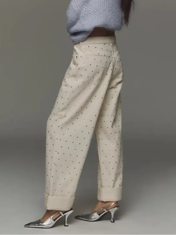 Pilcro Anthropologie Relaxed Wide Leg Cuffed Sparkle Jean Pant Cream 30 - Image 8
