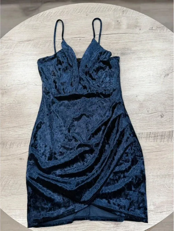 Windsor Navy Blue Velvet Bodycon Dress Ruched Wrap Mini Spaghetti Strap Deep V Cocktail - Image 5