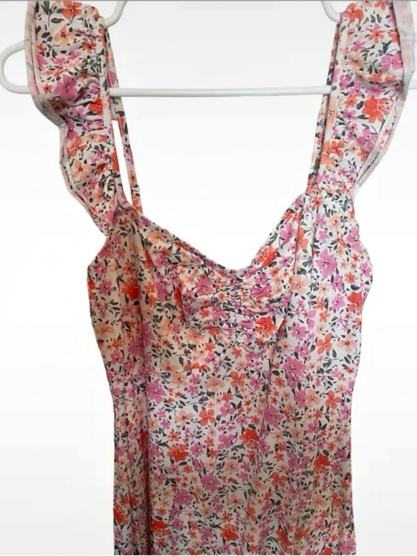Fensace Floral Ruffle Strap Ruched Midi Sundress Pink Size M - Image 3