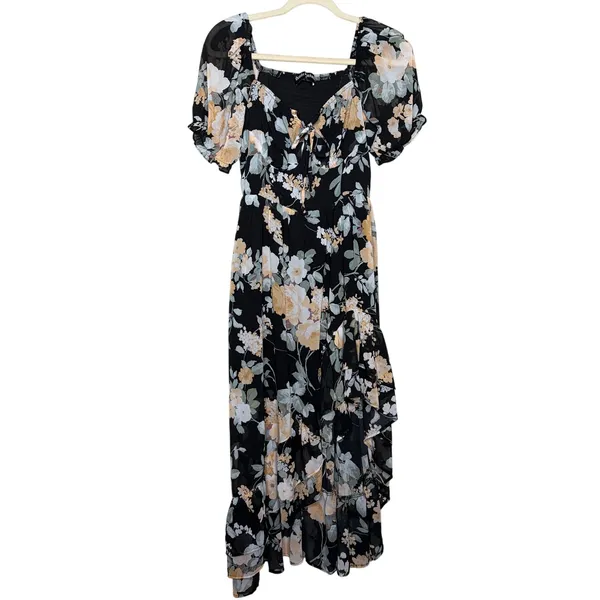 Scarlet Darkness Floral Maxi Dress M Smocked Puff Sleeve Cottagecore - Image 2