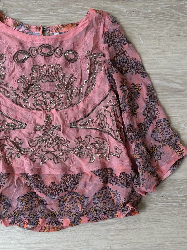 Anthropologie Ignacia Sheer Sequined Blouse Coral Gold Boho Top - Image 5