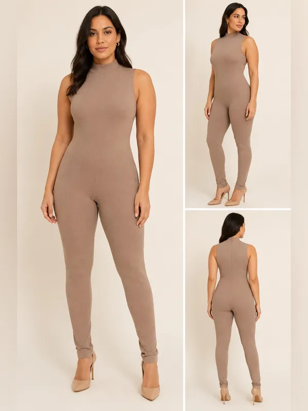 Lilly’s Kloset Brown Ribbed Mock Neck Sleeveless Jumpsuit Catsuit L NWT - Image 2