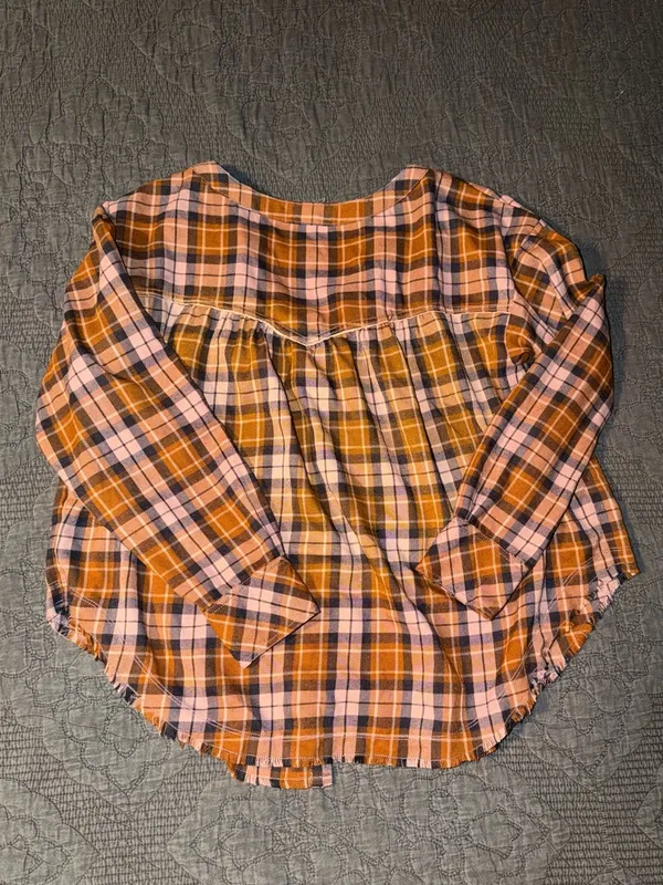 Free People Orange, Brown, and Pink Plaid Button-Down Shirt - Image 4