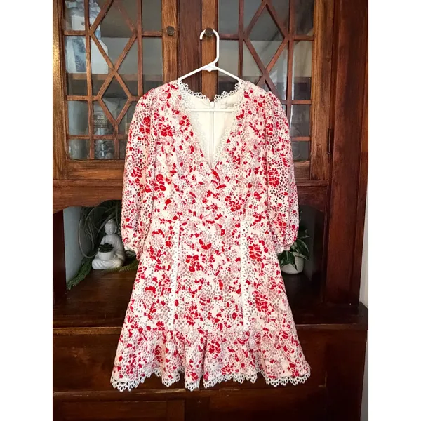 La Maison Talulah Red White Floral Lace Mini Dress V-Neck Puff Sleeve 0406 - Image 2