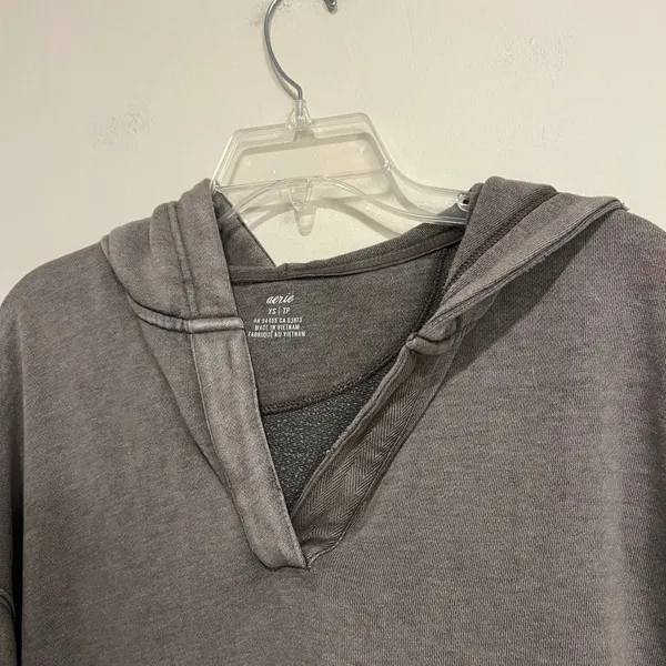Aerie Sweatshirt Hoodie Notch Neck Taupe Brown Distressed Oversized XS‎ - Image 4