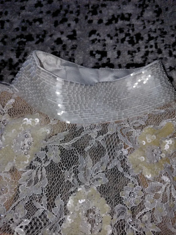 Sherri Hill Size 00 White Pearl Beaded Lace Open Back Cropped Prom Top High Neck - Image 8