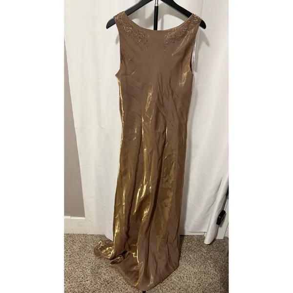 Davids Bridal Bronze Gold Metallic Beaded V-Neck Sleeveless Maxi Evening Gown - Image 5