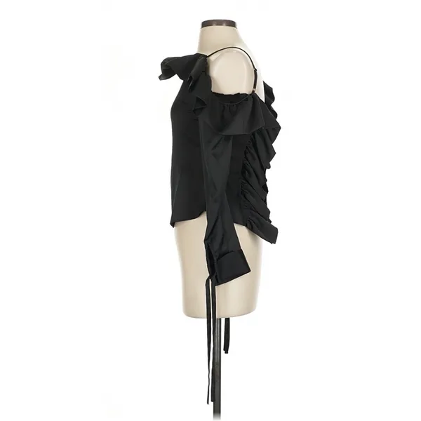 Osman Yousefzada Black Ruffle Cold Shoulder Satin Top Size 2 Whimsigoth Y2K - Image 4