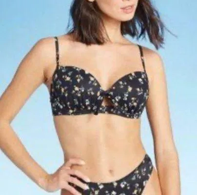 Shade & Shore Yellowish gold Floral Black 2 Piece Bikini 36C Large Bottoms - Image 2