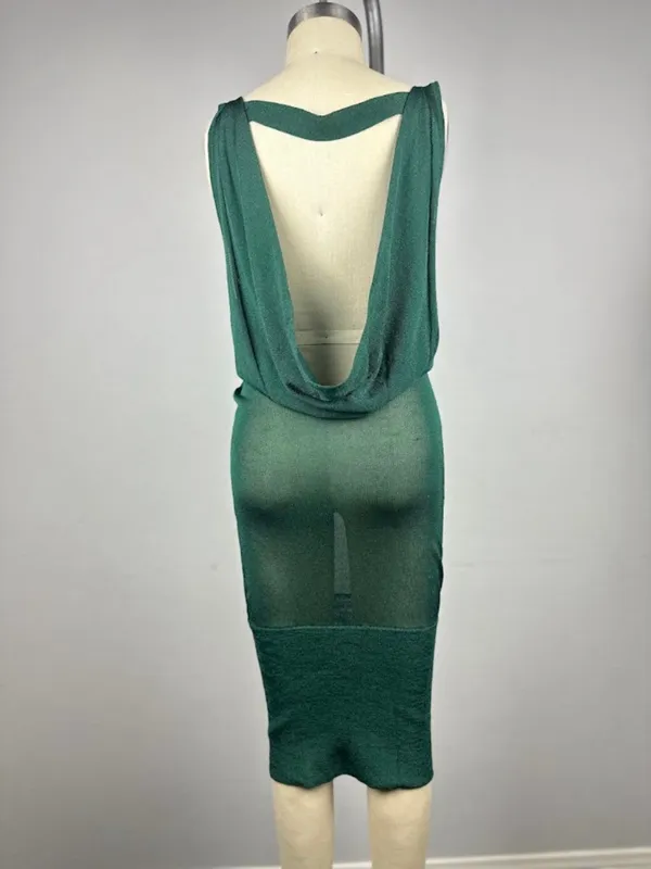 BeBe Y2K Green Cowl Neck Drape Back Bodycon Midi Dress Size S - Image 3