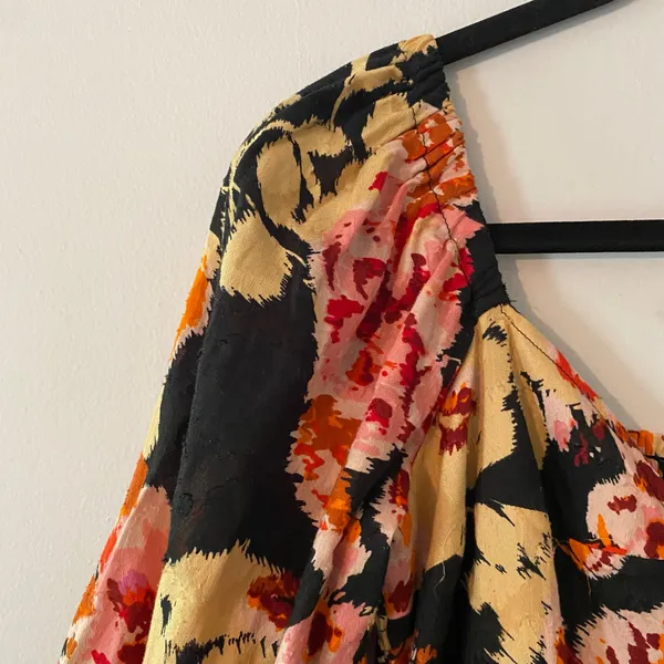 Anthropologie Black Pink Floral Blossom Maxi Dress Puff Sleeve Women's size XS - Image 3
