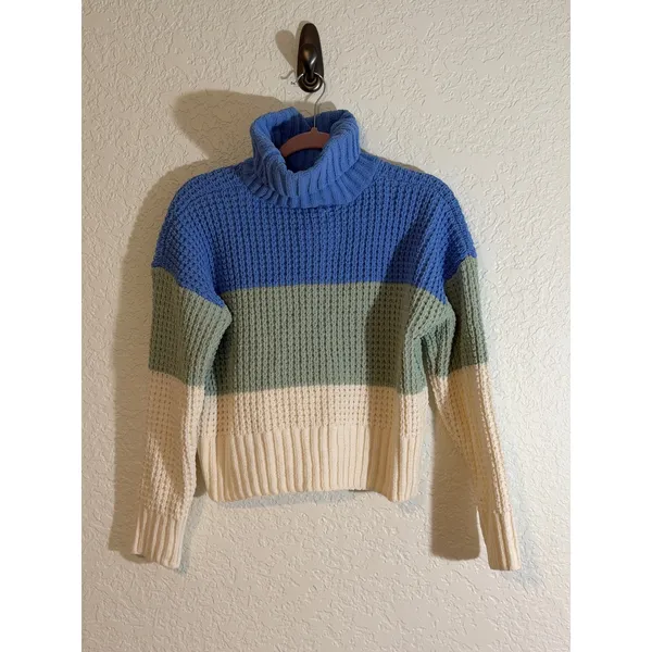 Hippie Rose Sweater Blue M Women Colorblock Turtleneck Knit HF3S26299 - Image 10