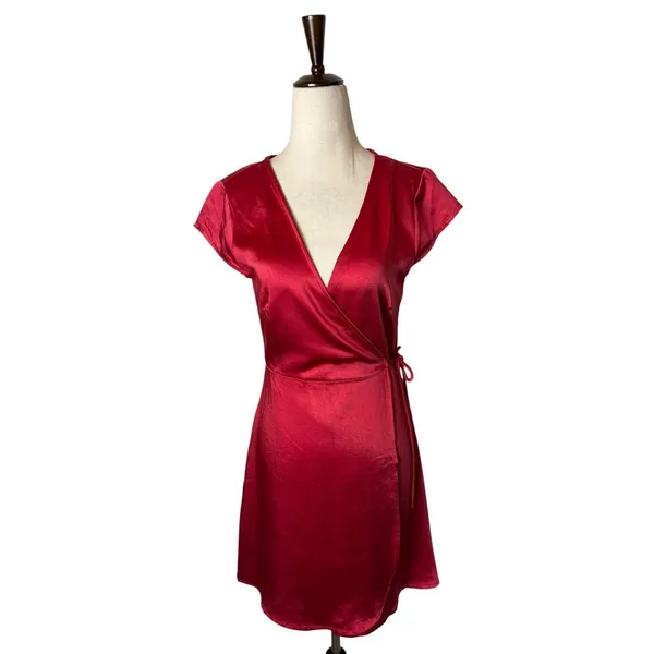 Princess Polly Emily Mini Dress Women 6 Red Satin Wrap V-Neck Sexy Party - Image 2