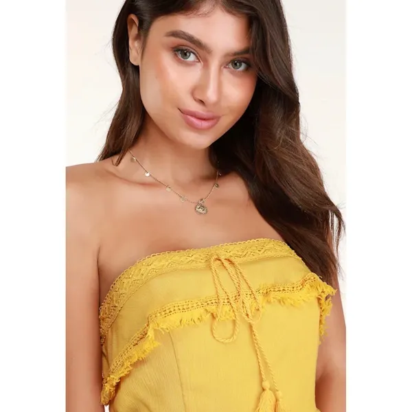 Lulus Mustard Yellow Strapless Boho Mini Dress Crochet Fringe Tassel‎ XL NEW - Image 4