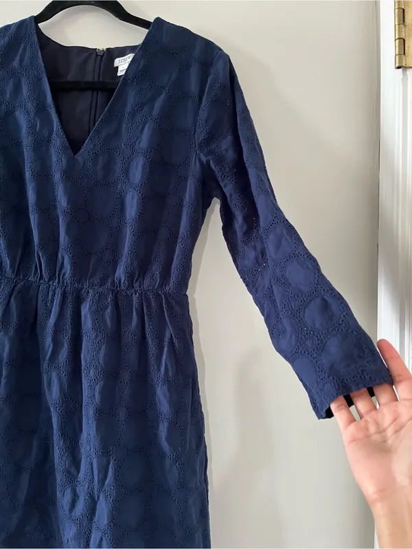 J Crew Navy Blue Eyelet Lace V Neck Mini Dress 6 Office Business Casual Preppy - Image 3