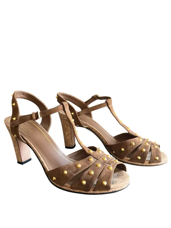 Gucci Women’s Jacquelyne Brown Suede Gold Studded Cork Block Heels Size 39 - Image 2