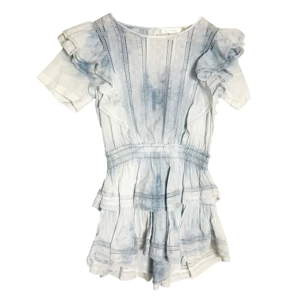 LoveShackFancy Natasha Light Blue Tie Dye Cotton Ruffled Tiered Lace Mini Dress - Image 4