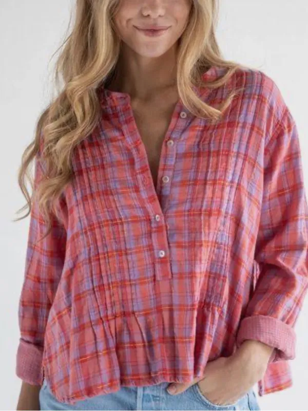 Natural Life Plaid Pintuck Metallic Lurex Blouse Top Pink Purple Gold Large - Image 2