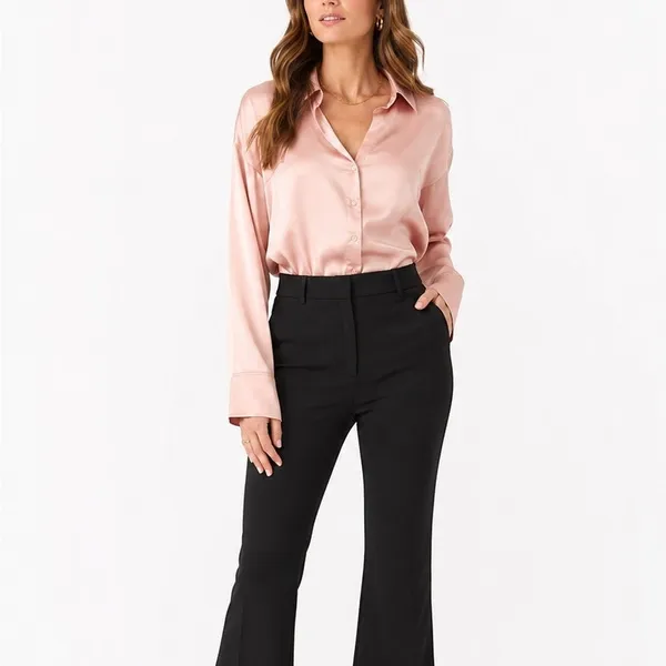 Express Design Studio Blush Pink Silk Button Down Blouse Satin Size Small - Image 5