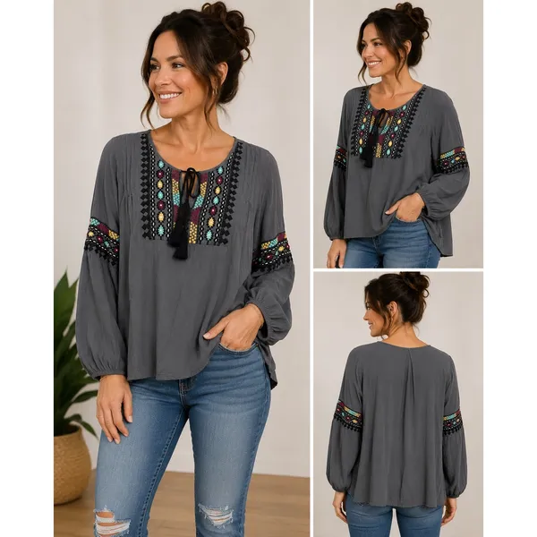 Solitaire Gray Embroidered Peasant Blouse Tassel Tie Long Sleeve Top Large - Image 2