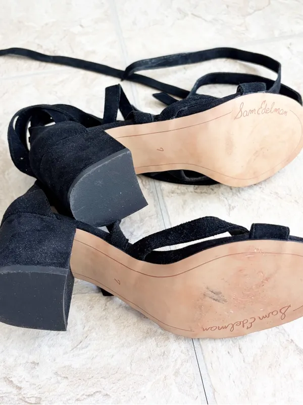 Sam Edelman Suede Lace-Up Block Heel Sandals Black Size 7 Strappy Wrap Heels - Image 6