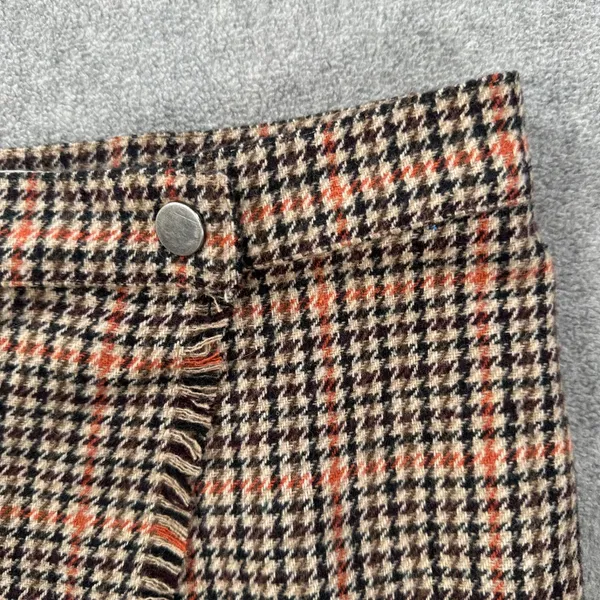 Urban Outfitters Plaid Wrap Mini Skirt Size Medium Brown/Orange Fringe Button - Image 2
