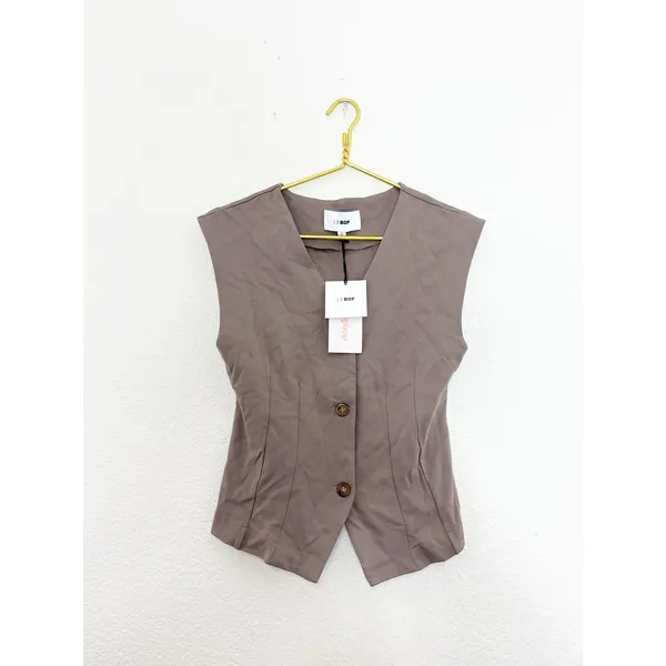 NWT Le Bop Isla Vest Size Medium Brown Nipped Waist Cinched Preppy Minimalist - Image 4