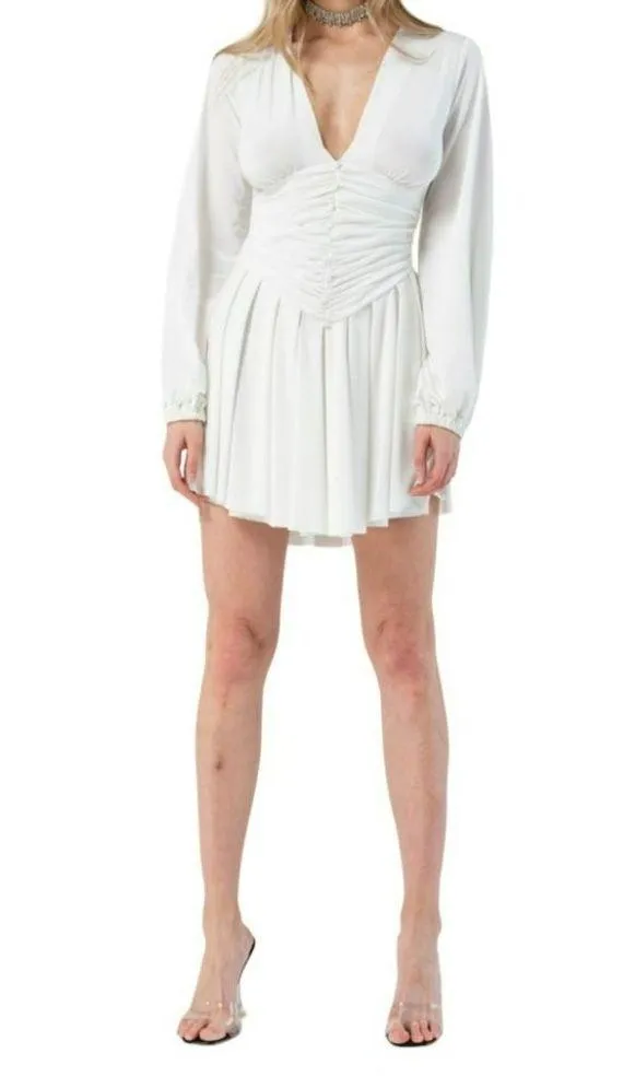 KikiRiki V-Neck Long Sleeve Ruched Mini Dress White Size Small NWT - Image 4