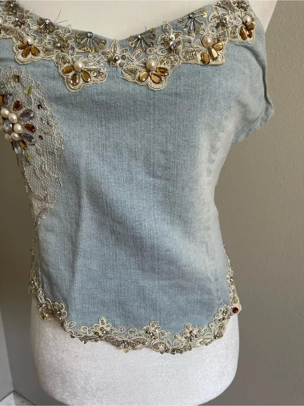 Embellished Light Blue Denim Cami Top Size L - Image 3