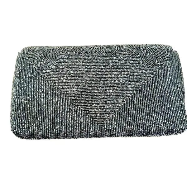 Vintage‎ Beaded Clutch Purse Womens Gray Luxury Holiday Gatsby Cocktail Formal - Image 3