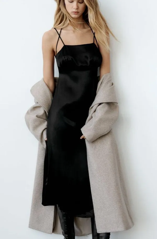 Zara MIDI SLIP SATIN DRESS Straight Neck w/ Spaghetti Straps Black Size S NEW - Image 4